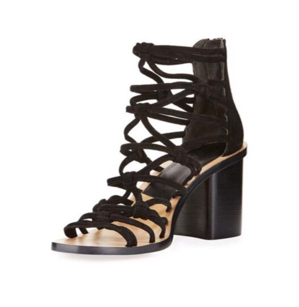 Rag & Bone Camille Black Suede Macrame Caged Block Heel Sandals 6.5